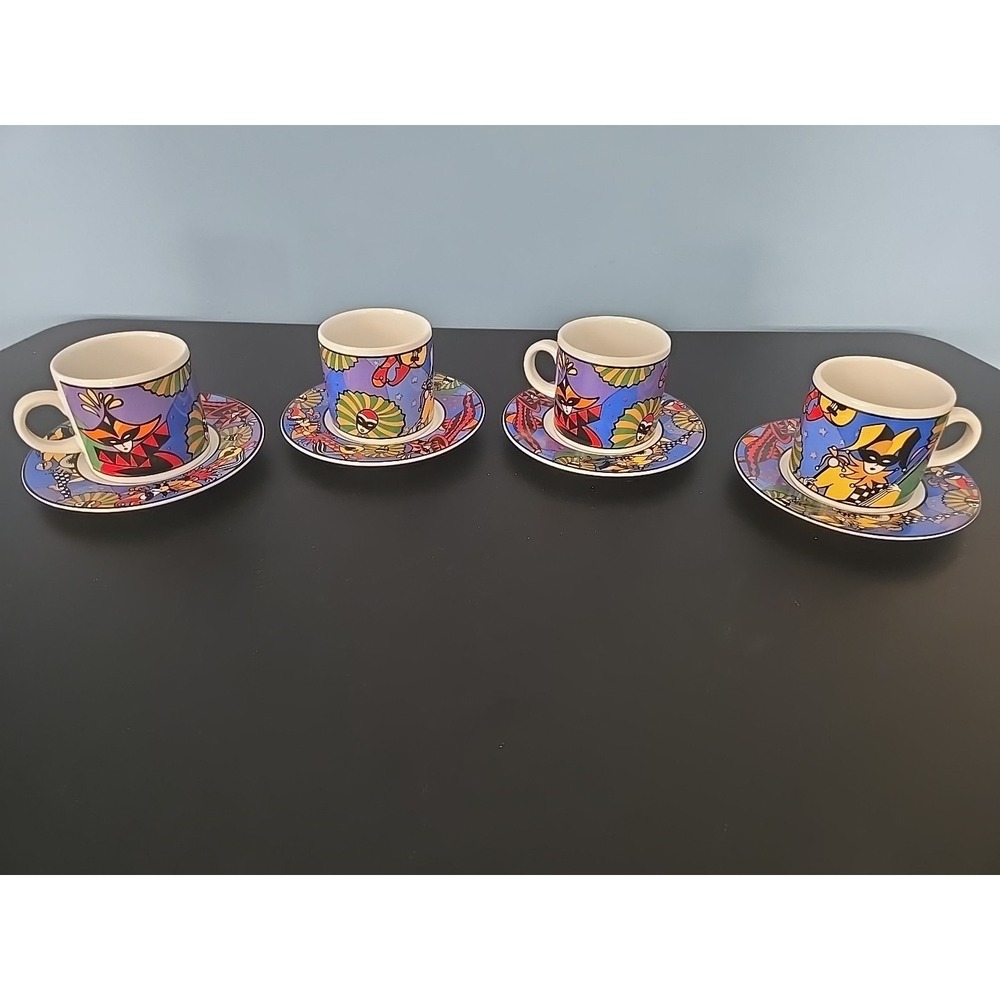 Vtg 93 Sakura Sue Zipkin Verona espresso Coffee Mugs 4 cups & 4 saucers‎ Masks